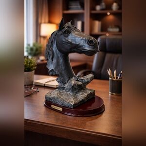 Black Horse Head Bust Sculpture on Wood Base - Decorative Home Art 12" Tall